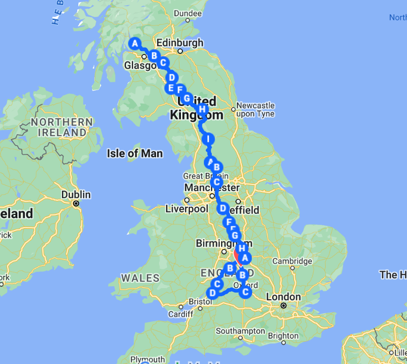 A screenshot of the map route that Zoe and Falco walked. The route shows the whole of the United Kingdom with around 30 pin marks showing a route from Oxford to Loch Lomond
